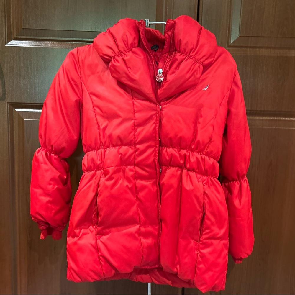 Red Nautica Down-Filled Nylon Winter Jacket with Full Zip and Button Closure
